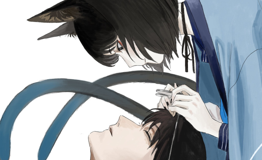 1boy 1girl animal_ear_fluff animal_ears black_choker black_eyes black_hair blue_archive blue_neckerchief blush cat_ears cat_tail choker closed_mouth eyeshadow gomibako_(gomibako_price) haori highres japanese_clothes kikyou_(blue_archive) long_sleeves looking_at_another looking_down makeup multiple_tails neckerchief no_halo red_eyeshadow removing_eyewear ribbon_choker sailor_collar sensei_(blue_archive) short_hair simple_background tail two_tails white_background