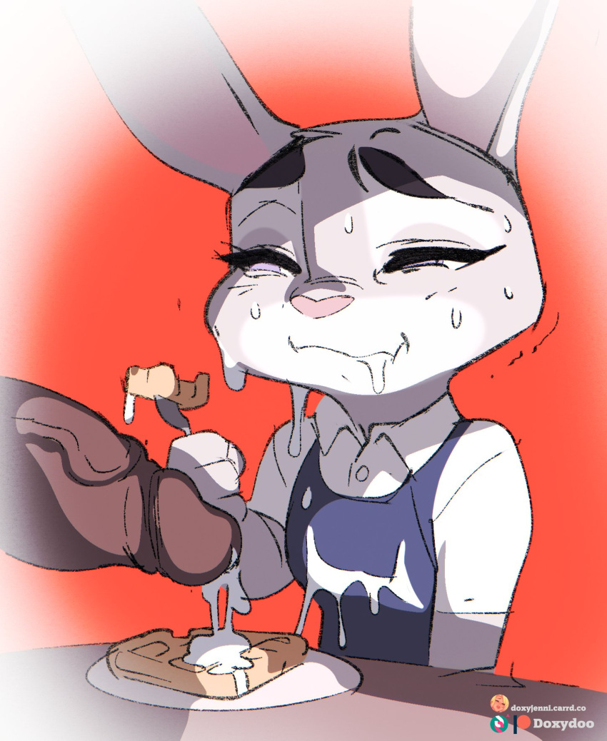 anthro bodily_fluids clothed clothing cum cum_in_mouth cum_inside cum_on_face cum_on_food disney doxy drinking drinking_cum duo eating erection eyebrows faceless_character faceless_male female female_focus fingers food fur genital_fluids genitals grey_body grey_fur hi_res judy_hopps lagomorph leporid long_ears male male/female mammal motion_lines narrowed_eyes patreon penis purple_eyes rabbit solo_focus subscribestar white_body white_fur zootopia