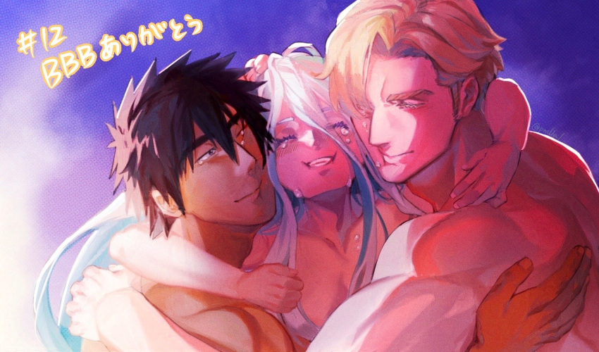 1girl 2boys ao_isami black_hair blonde_hair boy_sandwich cheek-to-cheek couple facial_hair goodbye hair_censor happy_tears heads_together hug lewis_smith lulu_(bang_bravern) multiple_boys muscular muscular_male nude official_alternate_hairstyle pmlial sandwiched sideburns_stubble stubble tears thick_eyebrows upper_body yuuki_bakuhatsu_bang_bravern