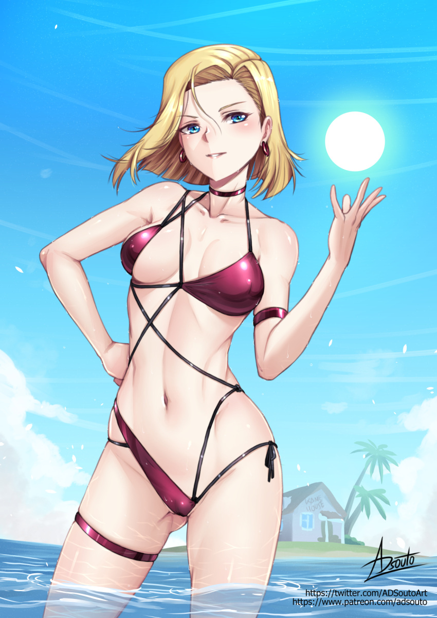 1girl adsouto android_18 armband asymmetrical_hair bikini blonde_hair blue_eyes breasts choker collarbone covered_nipples dragon_ball dragon_ball_z earrings energy_ball hand_on_own_hip highres jewelry medium_breasts navel partially_submerged short_hair signature solo string_bikini swimsuit thigh_strap variant_set