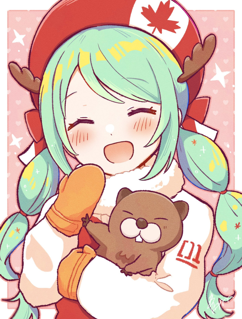 1girl :d animal_hug aoiyui beaver beret blush border canadian_flag_print closed_eyes commentary dot_nose facing_viewer fake_antlers fur-trimmed_jacket fur_trim green_hair hair_tie hand_up hat hatsune_miku head_tilt heart highres jacket mittens number_print open_mouth orange_mittens outside_border pink_background red_hat simple_background smile solo sparkle swept_bangs symbol-only_commentary twintails upper_body vocaloid white_border white_jacket