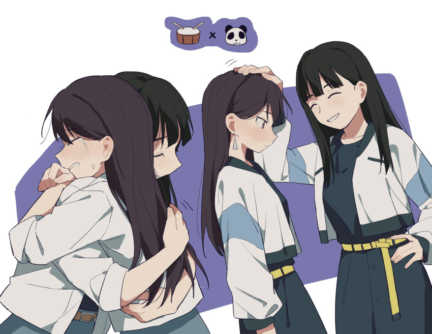 2girls ^_^ bang_dream! bang_dream!_it's_mygo!!!!! belt black_hair blue_dress chinese_commentary closed_eyes collarbone commentary_request crying dress earrings hair_behind_ear hayashi_coco headpat highres hug jacket jewelry long_hair long_sleeves multiple_girls open_mouth purple_eyes purple_hair real_life shiina_taki shirt sleeves_past_elbows smile voice_actor voice_actor_connection white_background white_jacket white_shirt yellow_belt yt_(sisteryt_001)