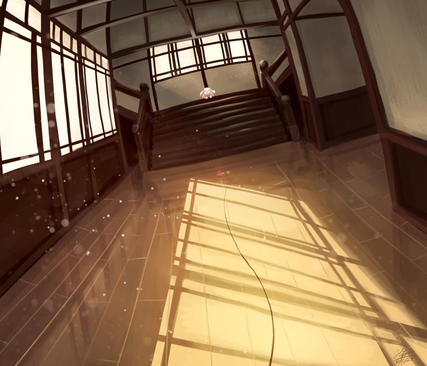 absurdres commentary dutch_angle eientei full_body highres hippppodraw inaba_tewi inaba_tewi_(bunny) indoors light_particles no_humans rabbit scenery solo stairs touhou