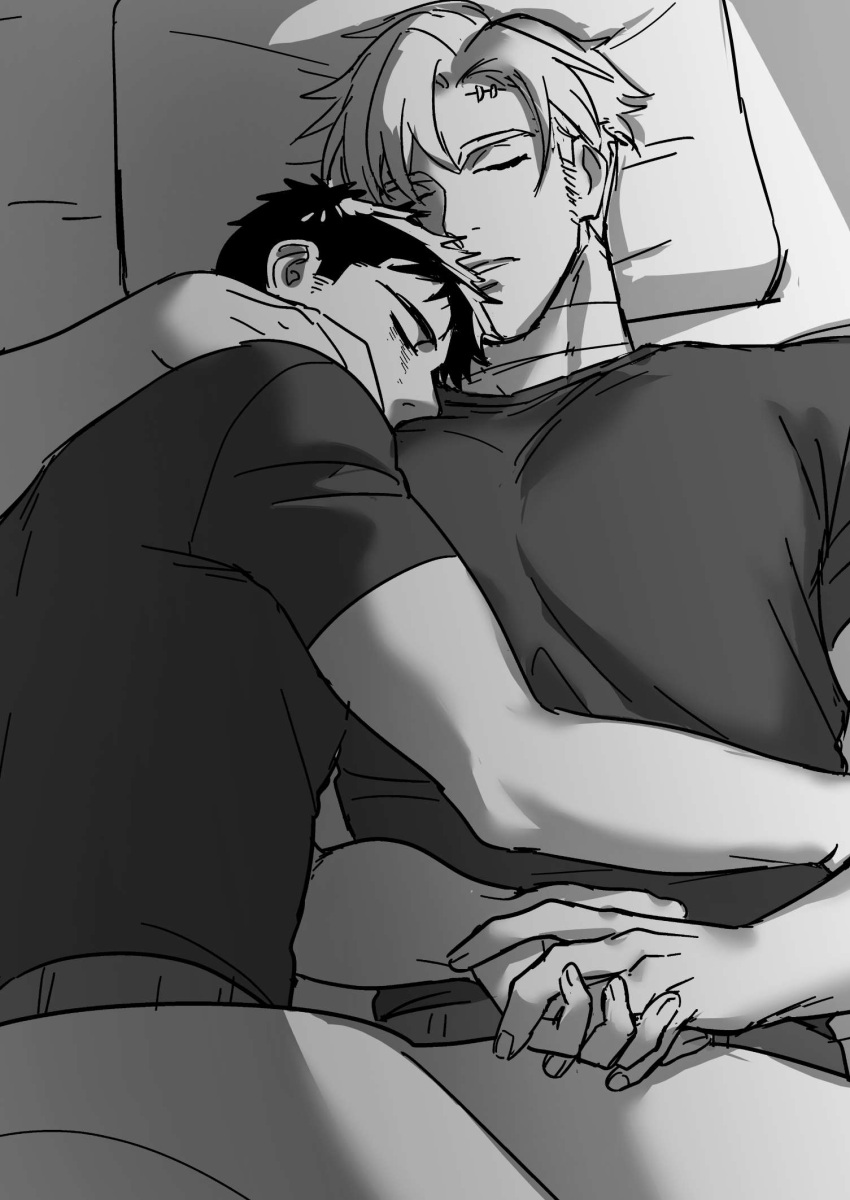 2boys ao_isami couple cowboy_shot crying cuddling facial_hair from_above greyscale highres holding_hands large_pectorals lewis_smith male_focus monochrome multiple_boys pectorals sideburns_stubble stubble thick_eyebrows yaoi yuuki_bakuhatsu_bang_bravern yuzuki_(hmr813k)