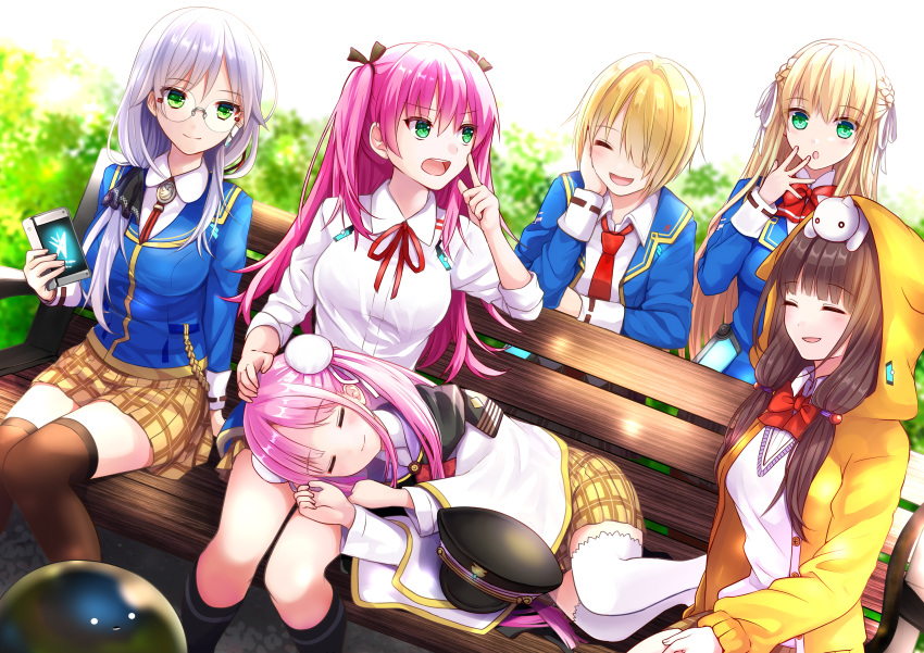 6+girls :d ^_^ absurdres aikawa_megumi akausagi animal_ear_hood animal_ears animal_on_head asakura_karen_(heaven_burns_red) bench black_hat black_jacket black_socks blonde_hair blunt_bangs blush bow braid brown_hair brown_thighhighs cat cat_ears cat_on_head cellphone closed_eyes closed_mouth collared_shirt commentary_request day double_bun dutch_angle facing_another feet_out_of_frame finger_to_mouth french_braid glasses green_eyes grey_hair hair_between_eyes hair_bun hair_over_one_eye hair_ribbon hand_on_own_cheek hand_on_own_face hand_up hat headpat heaven_burns_red highres holding holding_phone hood hood_up hoodie index_finger_raised izumi_yuki_(heaven_burns_red) jacket kayamori_ruka kneehighs kunimi_tama lap_pillow long_bangs long_hair long_sleeves looking_at_another lying military_hat miniskirt multiple_girls on_head on_side one_eye_covered open_clothes open_hoodie open_jacket open_mouth orange_hoodie outdoors park_bench phone pink_hair plaid plaid_skirt red_bow ribbon round_eyewear school_uniform shirt short_hair shushing sidelocks sitting skirt sleeping sleeves_rolled_up smartphone smile socks thighhighs toujou_tsukasa two_side_up unworn_hat unworn_headwear v-shaped_eyebrows very_long_hair white_ribbon white_shirt white_thighhighs zettai_ryouiki