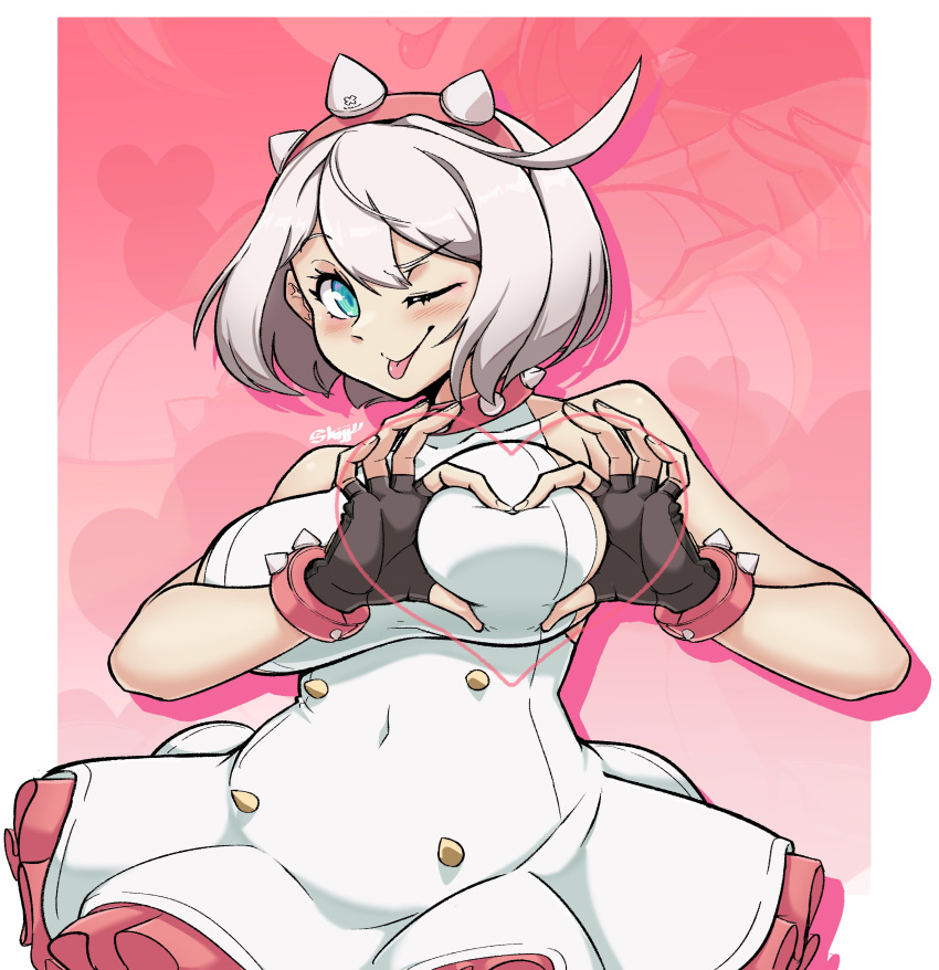 1girl ;p absurdres ahoge aqua_eyes black_gloves bracelet breasts collar covered_navel dress elphelt_valentine fingerless_gloves frilled_dress frills gloves guilty_gear guilty_gear_strive hairband heart-shaped_boob_challenge highres huge_ahoge jewelry large_breasts looking_at_viewer one_eye_closed pink_dress pink_hairband plump short_hair skijjyf smile spiked_bracelet spiked_collar spiked_hairband spikes tongue tongue_out two-tone_dress white_dress white_hair