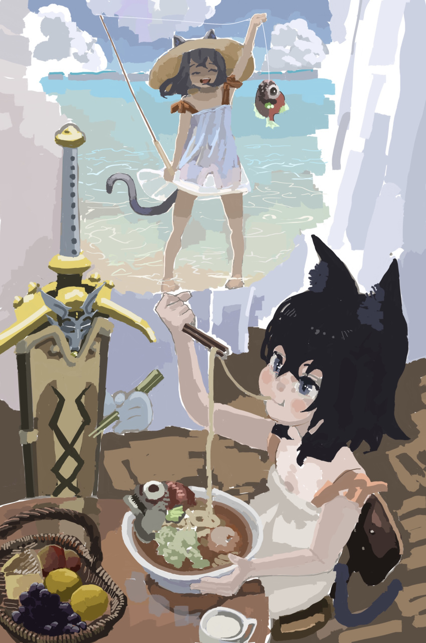 1girl 1other absurdres animal_ears basket black_eyes black_hair blush_stickers bowl cat_ears cat_girl cat_tail chopsticks closed_eyes curtains disembodied_limb dress eating fish fishing fishing_rod food fran_(tensei_shitara_ken_deshita) fruit fruit_basket grapes hat highres holding holding_chopsticks holding_fishing_rod mistyblue2525 noodles ocean open_mouth painting_(medium) see-through see-through_dress shishou_(tensei_shitara_ken_deshita) short_hair sitting smile straw_hat sundress tail tensei_shitara_ken_deshita thought_bubble traditional_media white_dress