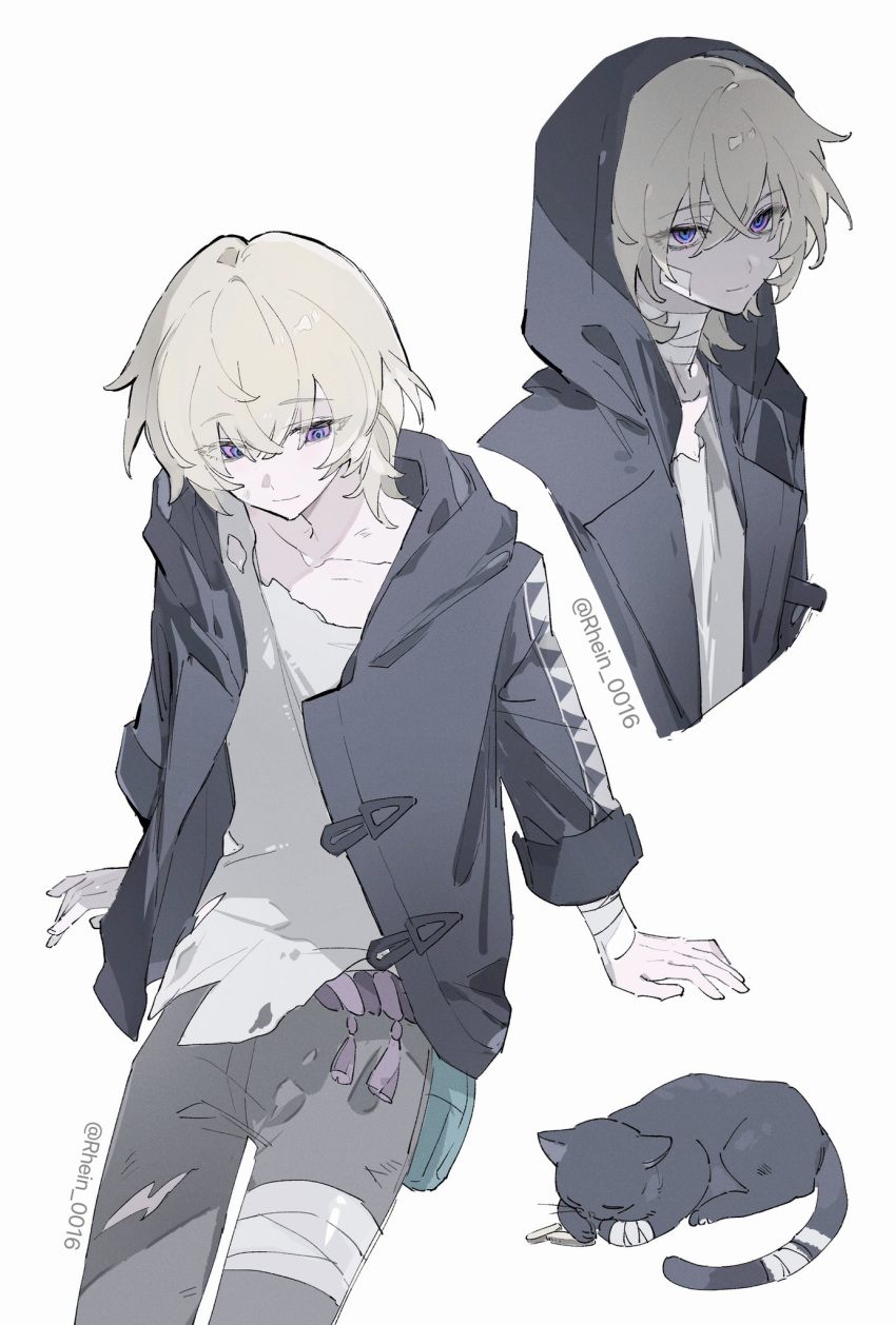 1boy aged_down aventurine_(honkai:_star_rail) bandaged_arm bandages blonde_hair cat closed_mouth hair_between_eyes highres honkai:_star_rail honkai_(series) hood hood_up hoodie long_sleeves male_focus multicolored_eyes multiple_views rhein_0016 shirt short_hair simple_background solo torn_clothes torn_shirt white_background