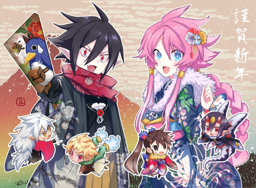 3boys 3girls blonde_hair blue_eyes brown_hair demon_boy demon_girl desco_(disgaea) disgaea emizel_(disgaea) fenrich_(disgaea) fingerless_gloves flower gloves grey_hair hair_flower hair_ornament horns issa_(sorako45) japanese_clothes kazamatsuri_fuuka kimono makai_senki_disgaea_4 multiple_boys multiple_girls open_mouth pink_hair pointy_ears prinny red_eyes smile tentacles valvatorez_(disgaea) vampire vulcanus_(disgaea_4) werewolf wide_sleeves yellow_eyes