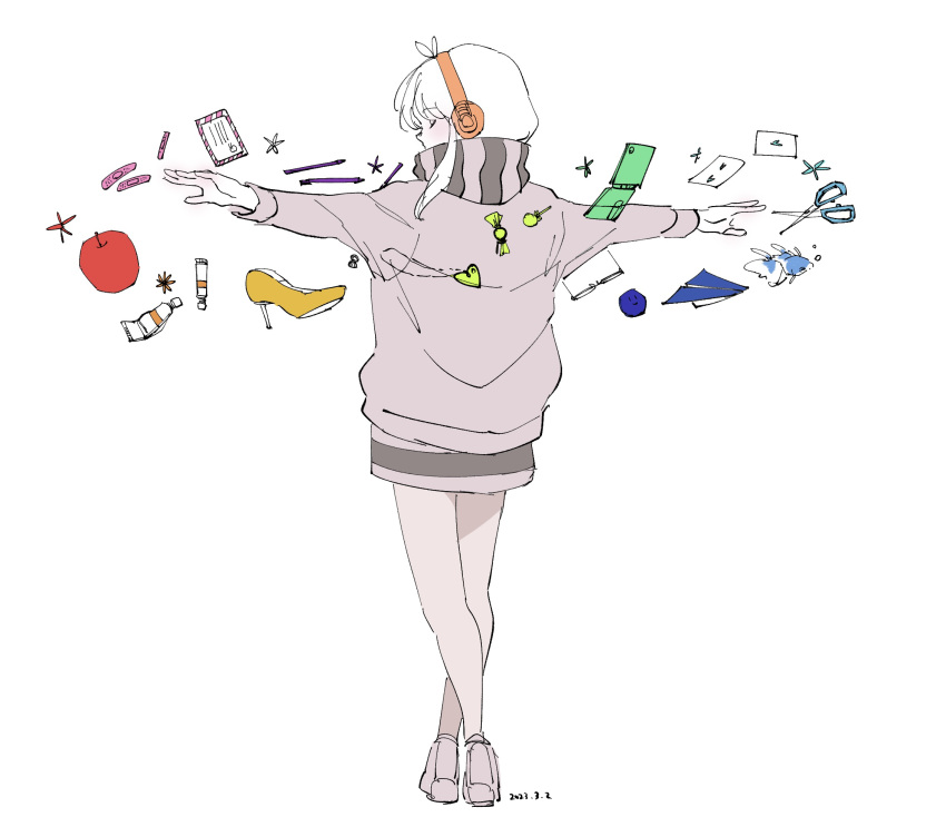 1girl antenna_hair apple bandaid blush card cellphone closed_eyes covered_mouth crossed_legs dated enpera facing_to_the_side fish flip_phone food from_behind fruit full_body glasses goldfish high_heels highres jacket long_hair long_sleeves nishida_(pixiv_50671594) orbited outstretched_arms paper_airplane pen phone playing_card profile purple_footwear purple_jacket purple_scarf purple_skirt scarf scarf_over_mouth scissors shoes sidelocks simple_background skirt solo sparkle spread_arms standing striped_clothes striped_scarf strobe_last_(vocaloid) tube unworn_eyewear unworn_shoe vocaloid watson_cross white_background white_hair