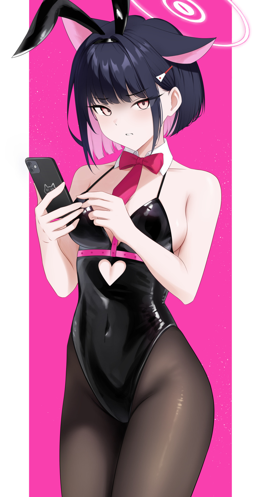 1girl absurdres animal_ears bare_shoulders black_hair black_leotard blue_archive bow bowtie breasts cat_ears cellphone clothing_cutout colored_inner_hair commentary_request covered_navel cowboy_shot detached_collar earrings hair_ornament hairclip halo heart_cutout highres holding holding_phone hoop_earrings jewelry kazusa_(blue_archive) leotard looking_at_viewer medium_breasts monochrome multicolored_hair nontraditional_playboy_bunny pantyhose phone playboy_bunny riogu7t short_hair sidelocks smartphone solo standing