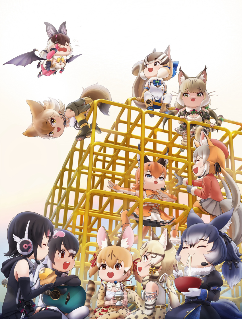 6+girls absurdres african_penguin_(kemono_friends) animal_ears bat_ears bat_girl bat_wings beleven black_hair blonde_hair blue_hair boots brown_hair brown_long-eared_bat_(kemono_friends) caracal_(kemono_friends) cat_ears cat_girl cat_tail chipmunk_ears chipmunk_girl chipmunk_tail coffee coyote_(kemono_friends) dire_wolf_(kemono_friends) drinking_straw elbow_gloves extra_ears fingerless_gloves food fox_ears fox_girl fox_tail geoffroy's_cat_(kemono_friends) gloves grey_hair guitar highres hood hoodie humboldt_penguin_(kemono_friends) instrument island_fox_(kemono_friends) jacket japari_bun jungle_cat_(kemono_friends) jungle_gym kemono_friends kemono_friends_v_project large-spotted_genet_(kemono_friends) leotard long_hair microphone multiple_girls noodles orange_hair pantyhose penguin_girl shirt short_hair shorts siberian_chipmunk_(kemono_friends) skirt sleeveless tail thighhighs udon virtual_youtuber wings wolf_ears wolf_girl wolf_tail