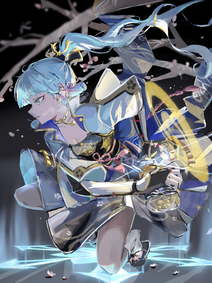 1girl aqua_hair armor armored_dress black_background black_footwear black_gloves blue_eyes breasts cleavage cryo_symbol_(genshin_impact) dress fingerless_gloves floating_hair full_body genshin_impact gloves hair_ornament hair_ribbon highres holding holding_sword holding_weapon japanese_armor kamisato_ayaka long_hair mochi_upamo on_one_knee ponytail ribbon shirt sidelocks socks solo sword weapon white_socks wide_sleeves