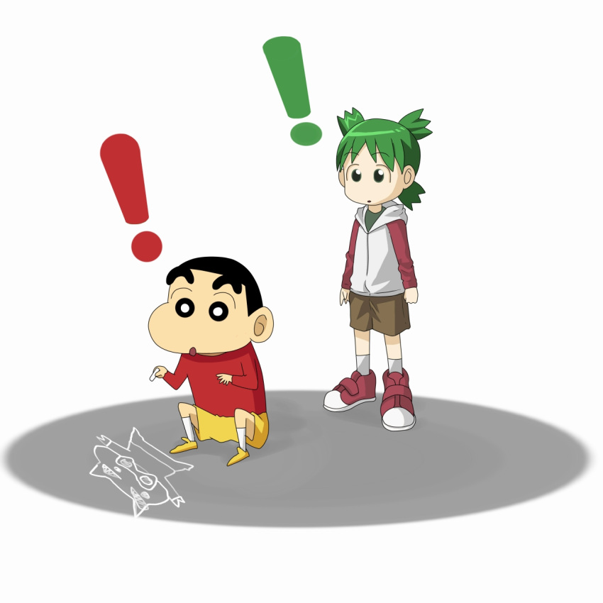 ! 1boy 1girl buriburizaemon chalk chalk_drawing child crayon_shin-chan crossover green_hair highres holding holding_chalk jacky_(artist) koiwai_yotsuba looking_at_another nohara_shinnosuke quad_tails sidewalk_chalk sidewalk_chalk_drawing tagme thick_eyebrows yotsubato!