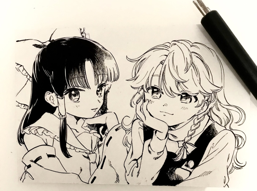 2girls bangs black_hair black_vest bow collared_shirt detached_sleeves ears eyebrows_visible_through_hair fountain_pen frilled_bow frilled_shirt_collar frills hair_bow hair_ornament hakurei_reimu hand_on_own_face highres ink_(medium) kirisame_marisa long_hair monochrome multiple_girls necktie neckwear no+bi= parted_bangs parted_lips pen shirt sidelocks touhou traditional_media vest