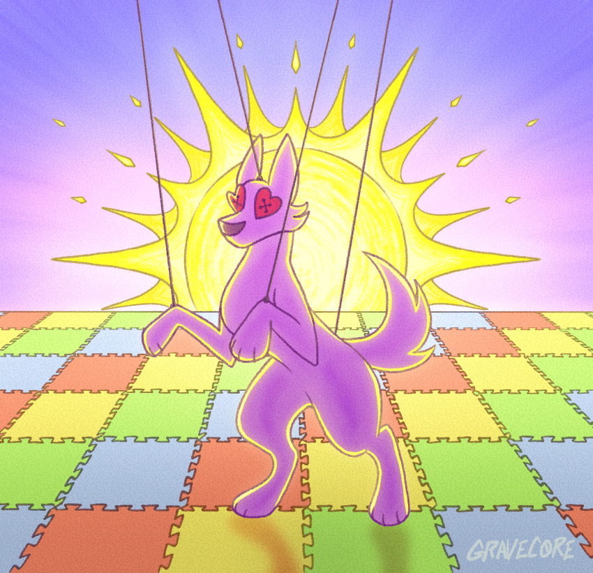 2024 4_toes absurd_res ambiguous_gender canid canine cheek_tuft colorful_theme dancing day digital_media_(artwork) facial_tuft feet feral fur gravecore heart_eyes heart_symbol hi_res long_ears looking_at_viewer mammal on_hind_legs playmat puppet puppet_strings purple_body purple_fur purple_nose purple_sky raised_tail red_eyes sky solo standing sun tail three-quarter_view toes toony tuft