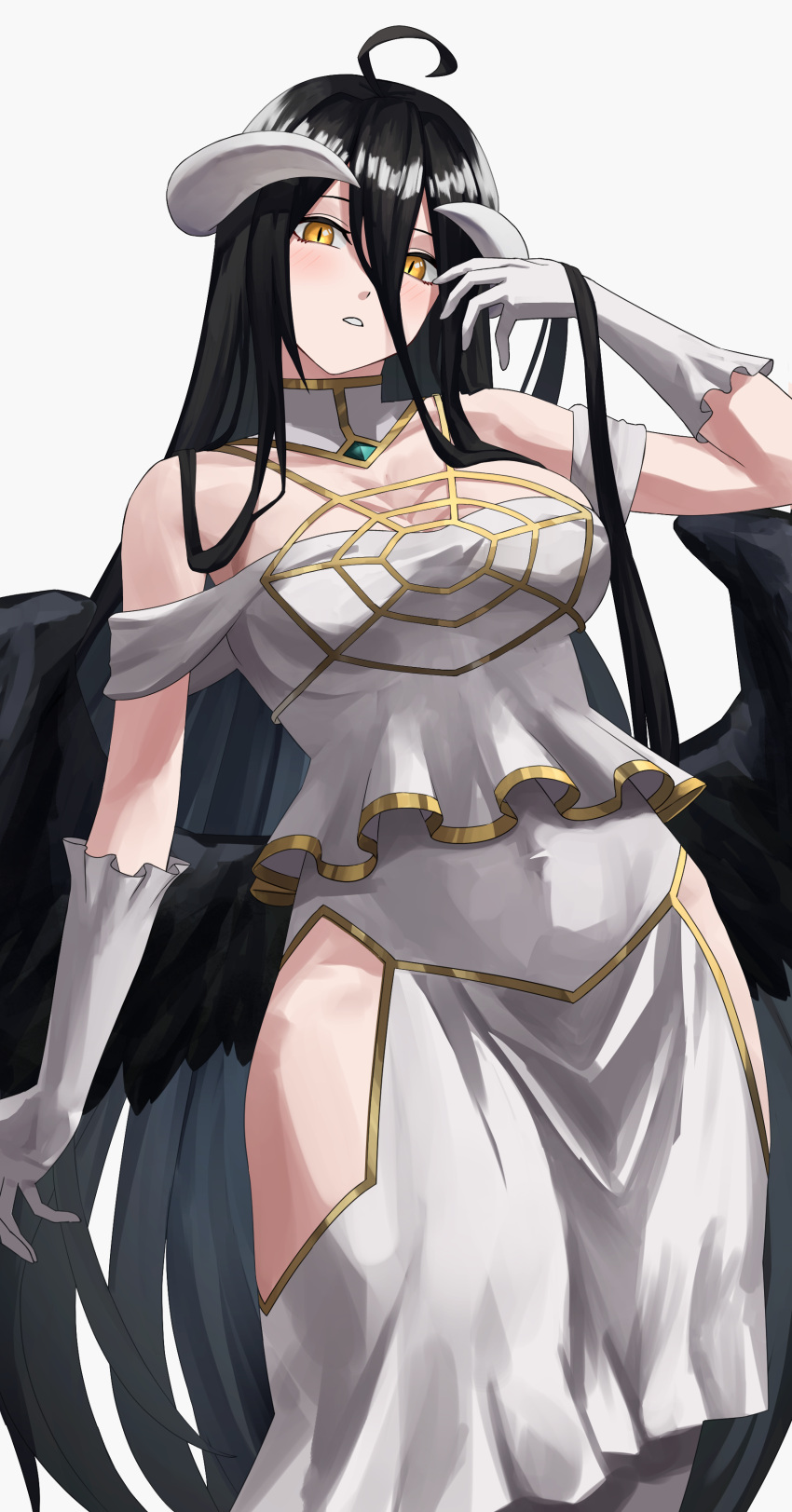 1girl absurdres ahoge albedo_(overlord) bare_shoulders black_hair breasts commentary cowboy_shot dress gloves grey_background head_tilt highres hip_vent horns large_breasts long_hair looking_at_viewer off-shoulder_dress off_shoulder overlord_(maruyama) parted_lips pearlbbbb short_sleeves simple_background solo standing very_long_hair white_dress white_gloves yellow_eyes