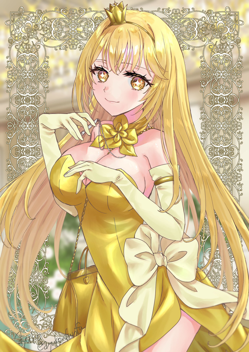 1girl ayuko_(ayuko54bornthisway) bag blonde_hair blurry blurry_background bow breasts cleavage closed_mouth crown dress dress_bow elbow_gloves gloves handbag highres large_breasts long_hair looking_at_viewer mini_crown official_alternate_costume shokuhou_misaki side_slit smile solo sparkling_eyes toaru_majutsu_no_index toaru_majutsu_no_index:_new_testament whistle whistle_around_neck yellow_bow yellow_dress yellow_eyes yellow_gloves