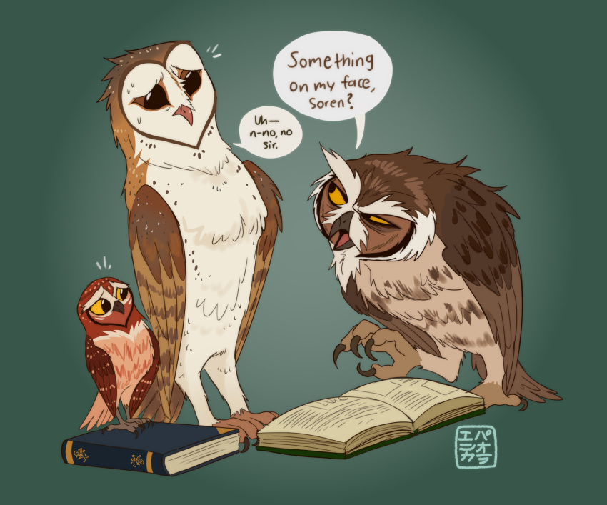 avian barn_owl bird black_eyes book brown_body brown_feathers claws dialogue elf_owl ezylryb feathers female feral green_background group guardians_of_ga'hoole gylfie hi_res kabuki-aku male owl screech_owl simple_background soren_(gogh) toe_claws trio true_owl tyto tytonid whiskered_screech_owl white_body white_feathers yellow_eyes