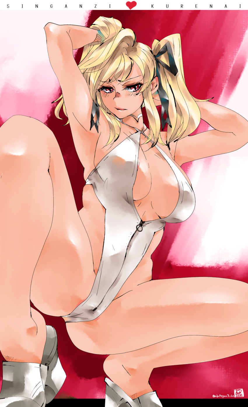 adjusting_hair armpits black_bow bow breasts from_below front_zipper_swimsuit halterneck highres jitome large_breasts long_hair looking_to_the_side meme_attire mike156 one-piece_swimsuit parted_lips red_eyes shinganji_kurenai spread_legs squatting swimsuit taimanin_(series) taimanin_rpgx twintails white_background