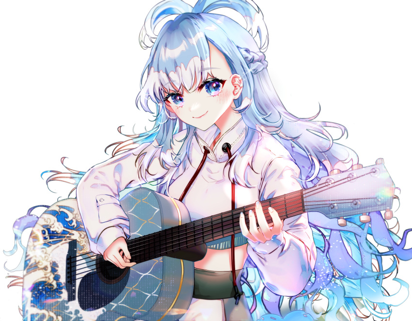 1girl acoustic_guitar blue_eyes blue_hair blush braid closed_mouth colored_tips commentary cropped_hoodie french_braid guitar half_updo high_ponytail highres holding holding_guitar holding_instrument hololive hololive_indonesia hood hoodie instrument kobo_kanaeru kobo_kanaeru_(1st_costume) long_hair long_sleeves looking_at_viewer multicolored_hair pants playing_guitar ringed_eyes simple_background smile solo sowon split_ponytail transparent_background twitter_username upper_body virtual_youtuber wavy_hair white_hair white_hoodie white_pants