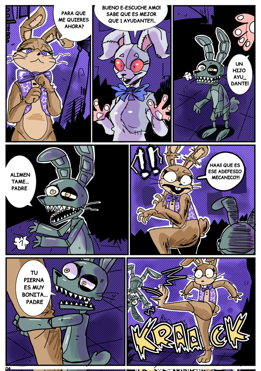 anthro border comic female five_nights_at_freddy's glitchtrap group hi_res lagomorph leporid machine male mammal outline rabbit renita_reed robot scared scottgames spanish_text speech_bubble text translation_request trio vanny_(fnaf) white_border white_outline