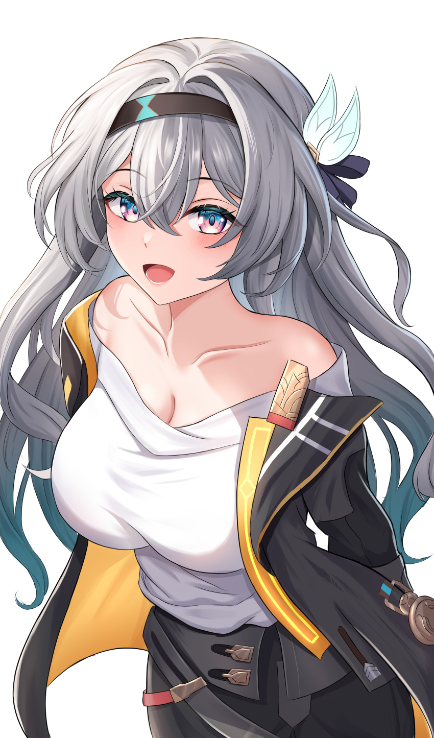 1girl :d absurdres alternate_breast_size bare_shoulders black_hairband black_jacket black_skirt blush breasts cleavage commentary_request cosplay firefly_(honkai:_star_rail) grey_hair hair_between_eyes hairband highres honkai:_star_rail honkai_(series) jacket large_breasts long_hair long_sleeves looking_at_viewer off-shoulder_shirt off_shoulder open_clothes open_jacket open_mouth purple_eyes shirt shouhaku0512 simple_background skirt smile solo stelle_(honkai:_star_rail) stelle_(honkai:_star_rail)_(cosplay) trailblazer_(honkai:_star_rail) upper_body very_long_hair white_background white_shirt