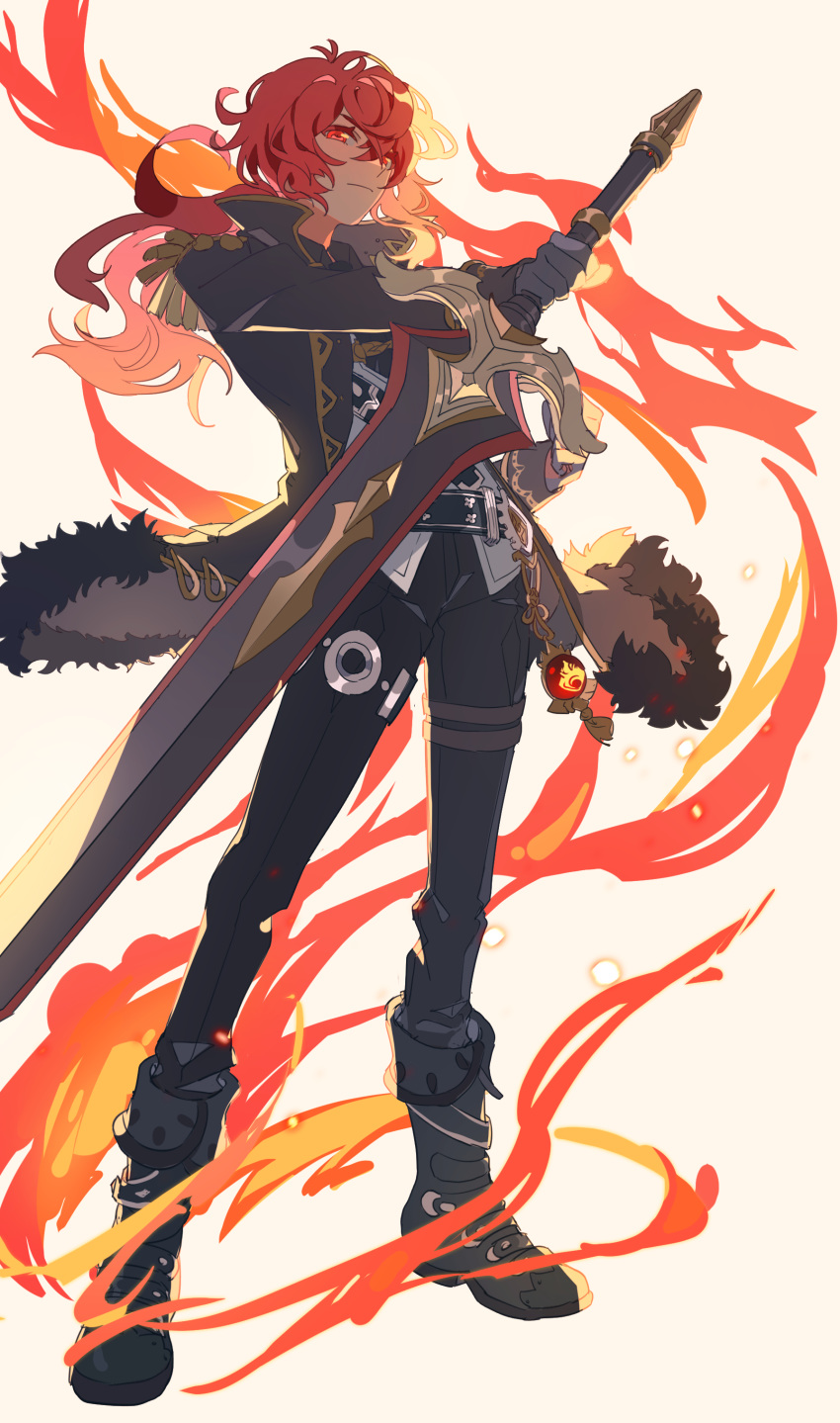 1boy absurdres bangs belt black_footwear black_gloves black_jacket black_pants boots diluc_(genshin_impact) fire full_body fur-trimmed_jacket fur_trim genshin_impact gloves hair_between_eyes highres holding holding_sword holding_weapon jacket kkaags long_hair male_focus pants ponytail red_eyes red_hair simple_background solo standing sword vision_(genshin_impact) weapon