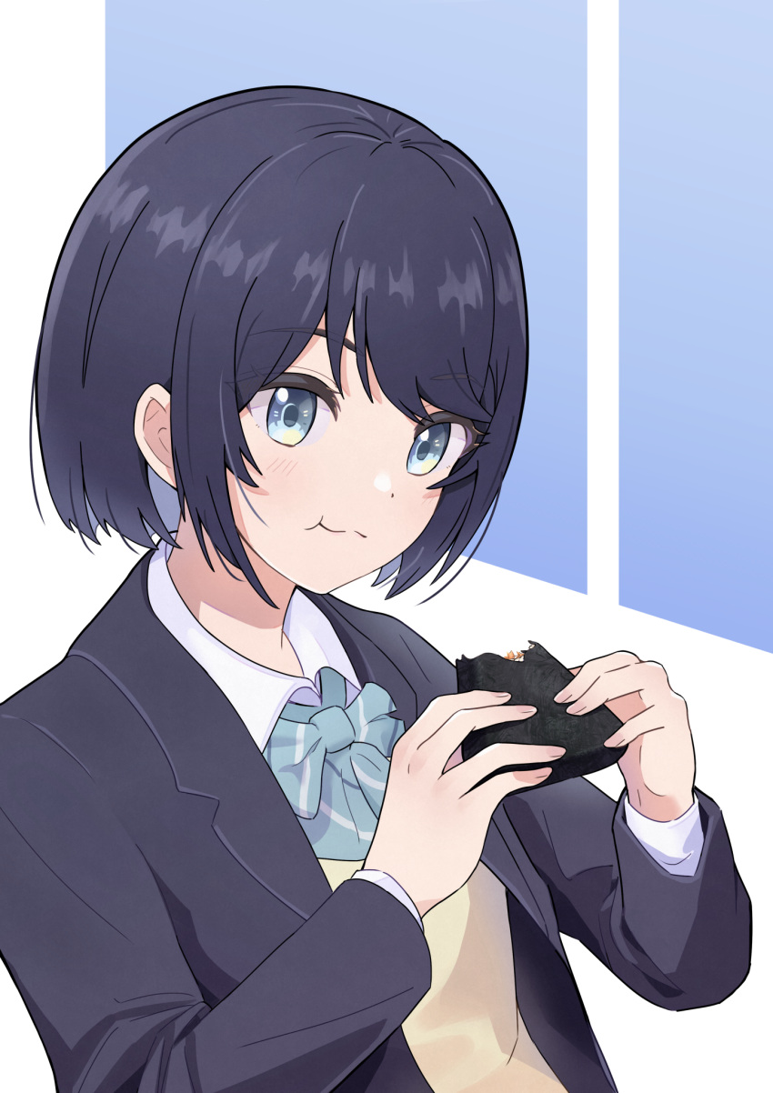 1girl black_hair black_jacket blue_background blue_bow blue_bowtie blue_eyes bow bowtie chewing closed_mouth collared_shirt commentary_request food highres holding holding_food jacket novi_visual onigiri original school_uniform shirt short_hair solo two-tone_background upper_body white_background white_shirt