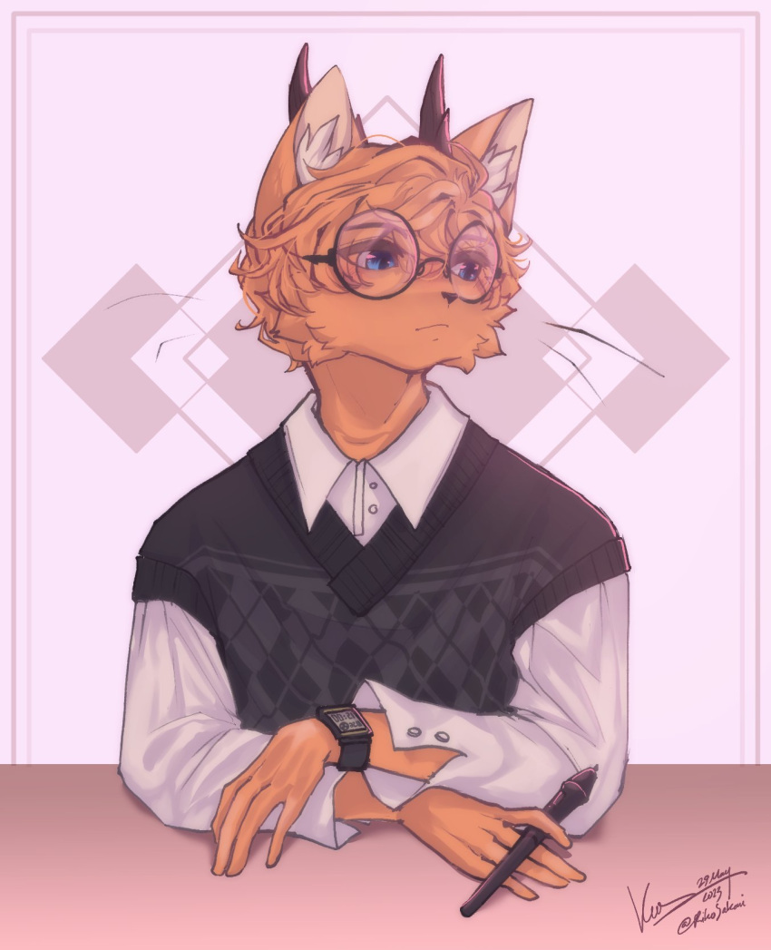 anthro blue_eyes clothed clothing eyewear felid feline fingers glasses hair hi_res horn inner_ear_fluff male mammal riko_sakari rikosakari solo tuft whiskers