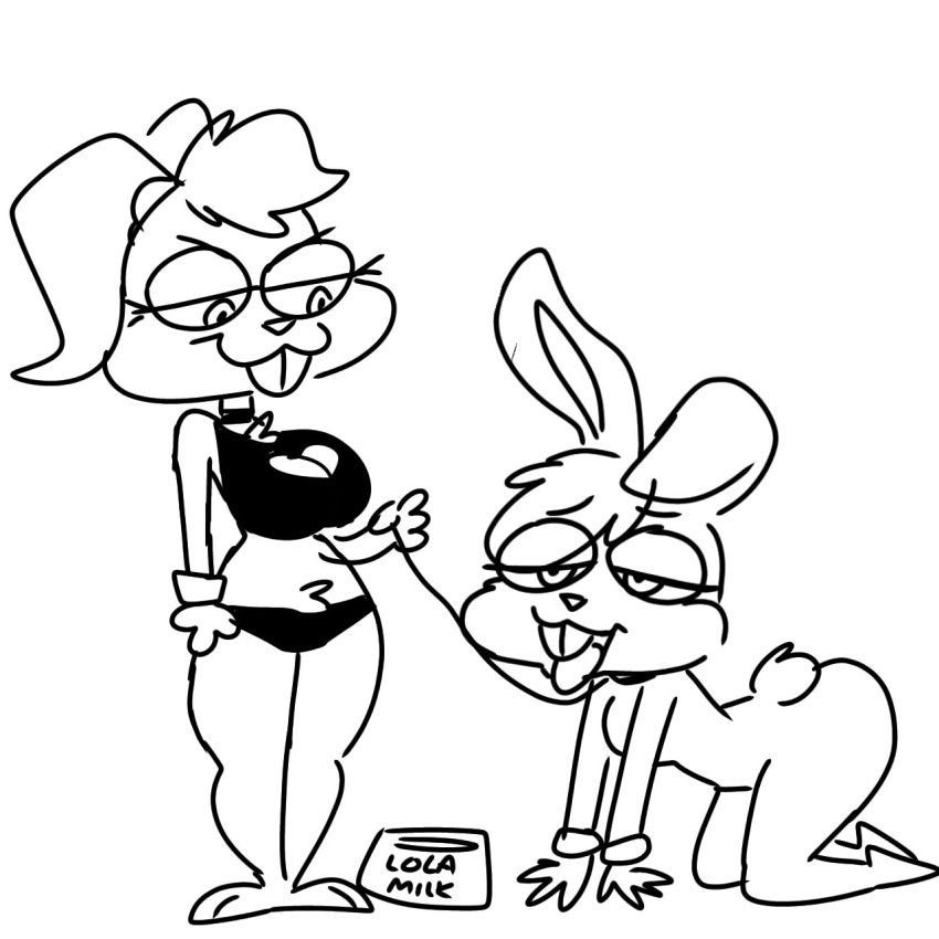 anthro big_breasts breasts buckteeth bugs_bunny dominant dominant_female duo female hi_res lagomorph leash leashed_male leporid lola_bunny looney_tunes male male/female mammal monochrome rabbit renita_reed simple_background submissive submissive_male teeth warner_brothers white_background wide_hips