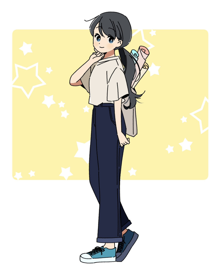 1girl arm_at_side bag black_hair black_pants blue_eyes blue_footwear blush closed_mouth dot_nose from_side full_body hand_up harumaru_sk high-waist_pants highres knees_together_feet_apart looking_at_viewer low_ponytail original pants rolled_up_paper shirt shirt_tucked_in shoes short_sleeves shoulder_bag smile sneakers solo star_(symbol) swept_bangs two-tone_background walking white_background white_shirt yellow_background