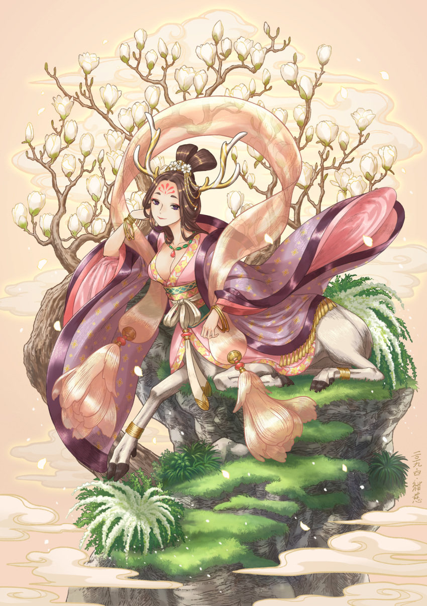 1girl anklet antlers bangle bracelet breasts brown_eyes brown_hair centaur cleavage cloud dated facial_mark flower hair_flower hair_ornament hair_up highres horns japanese_clothes jewelry kimono konji_(yomn) necklace obi original pink_kimono sash sitting taur tree