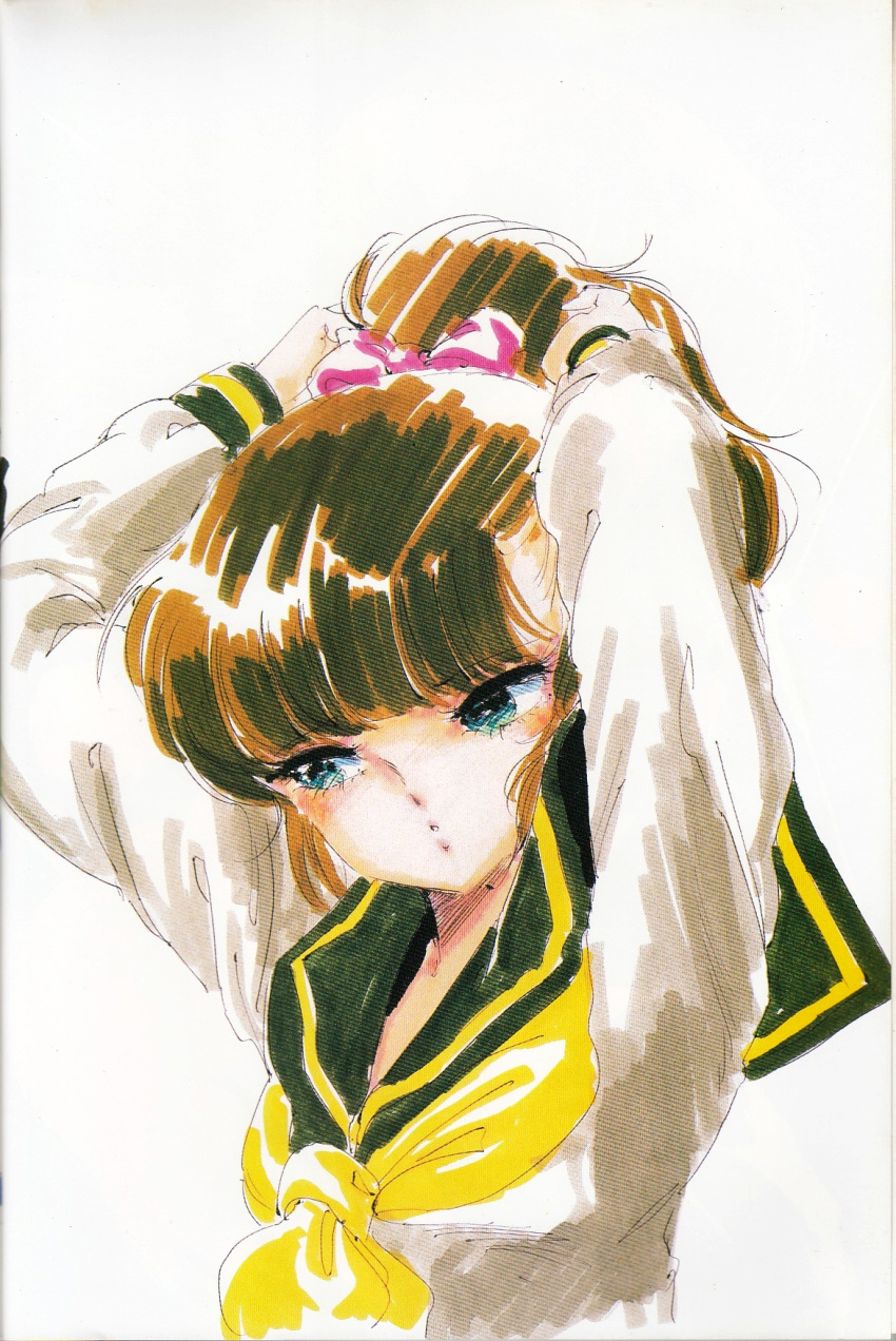 1980s_(style) 1girl bow brown_hair cream_lemon green_eyes hair_bow half-closed_eyes highres long_hair long_sleeves marker_(medium) non-web_source official_art oomori_midori ponytail retro_artstyle sailor_collar scan school_uniform shingyouji_tatsuya solo traditional_media tying_hair upper_body