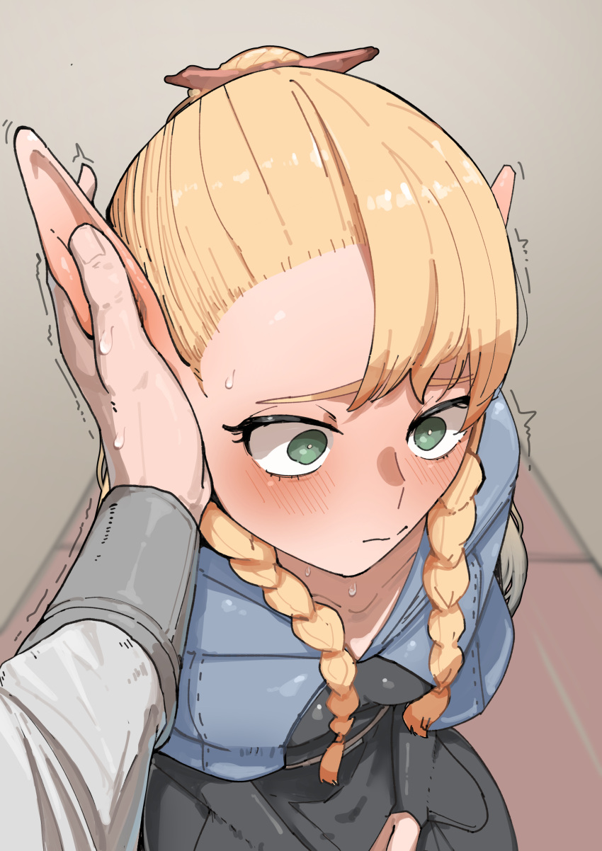 1girl absurdres azz0422 black_robe blonde_hair blue_capelet blush braid breasts capelet commentary dungeon_meshi ear_blush grabbing_another's_ear green_eyes hand_on_another's_ear highres kneeling long_hair marcille_donato pointy_ears pov robe small_breasts symbol-only_commentary twin_braids