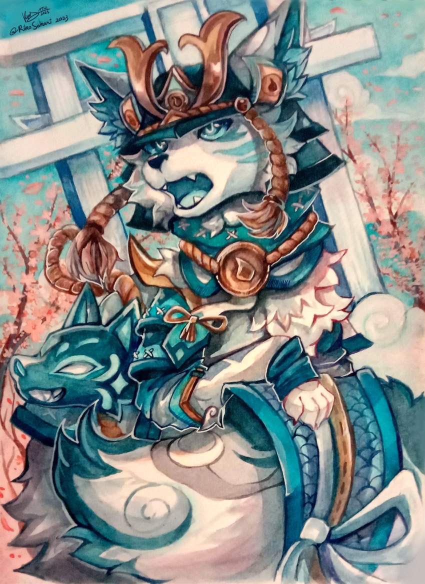 absurd_res armor canid canine cherry_blossom cherry_blossom_tree cherry_tree claws fangs feral fox fruit_tree fur headgear helmet hi_res male mammal mask open_mouth paws plant rikosakari solo tail teeth tree