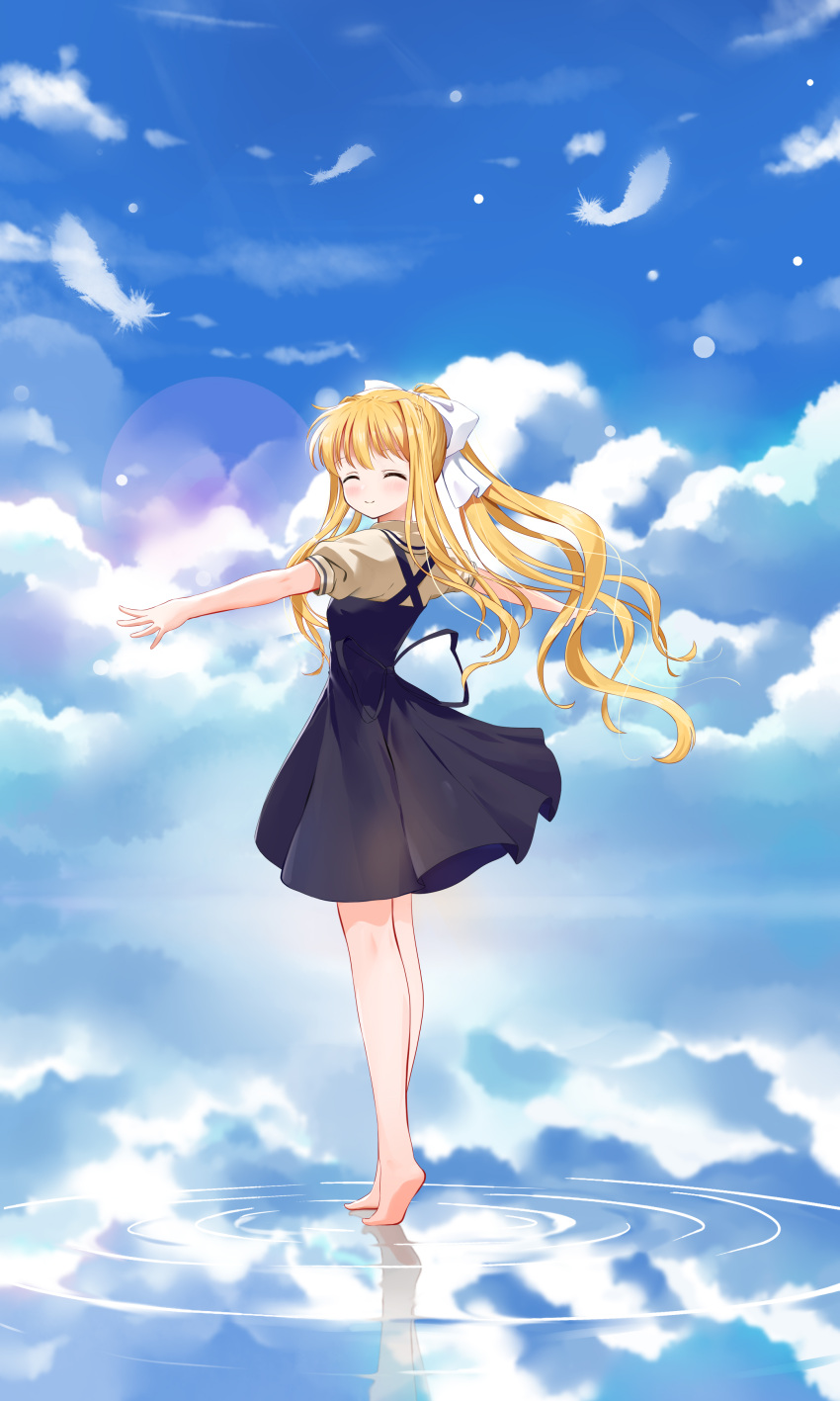 105961 1girl ^_^ absurdres air_(visual_novel) barefoot black_dress blonde_hair blue_sky blush closed_eyes closed_mouth commentary_request day dress facing_viewer falling_feathers feathers floating_clothes floating_hair from_behind full_body hair_between_eyes hair_intakes hair_ribbon highres kamio_misuzu lens_flare long_hair outdoors outstretched_arms ponytail puffy_short_sleeves puffy_sleeves reflection reflective_water ribbon ripples school_uniform shirt short_sleeves sky sleeveless sleeveless_dress smile solo standing tiptoes very_long_hair water white_feathers white_ribbon wind yellow_shirt