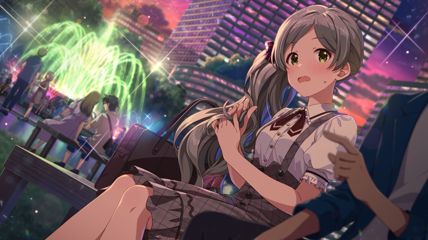 bag blush breasts brown_dress building buttons cloud cloudy_sky cowboy_shot dress dress_shirt eyelashes fluffy_hair fountain framed_breasts frilled_sleeves frills grass grey_hair hair_ribbon handa_roco hands_in_own_hair idolmaster idolmaster_million_live! idolmaster_million_live!_theater_days light_particles long_hair looking_at_another multiple_boys multiple_girls neck_ribbon official_alternate_costume official_alternate_hairstyle official_art on_bench open_mouth outdoors people plaid plaid_dress producer_(idolmaster) puffy_short_sleeves puffy_sleeves red_ribbon ribbon shirt short_sleeves shoulder_bag shy side_ponytail sidelocks sitting sky small_breasts solo_focus sparkle sunset suspenders sweat tree very_long_hair wavy_hair wavy_mouth white_shirt