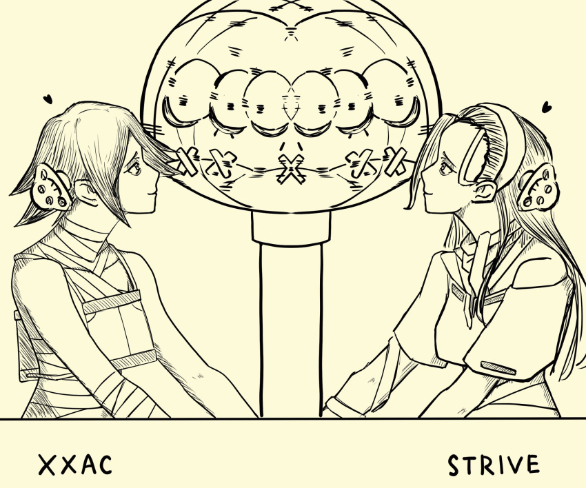 1boy 2girls a.b.a bags_under_eyes bandaged_chest bandaged_neck bandages bare_shoulders clone confused guilty_gear guilty_gear_strive guilty_gear_xx guilty_gear_xx_accent_core hair_over_one_eye headband highres key_in_head long_hair looking_around looking_at_another monochrome motion_blur multiple_girls nirade44 object_through_head paracelsus_(guilty_gear) short_hair simple_background smile spinning_head stitched_mouth stitches the_weaker_sex_1_(gibson) turning_head upper_body white_headband