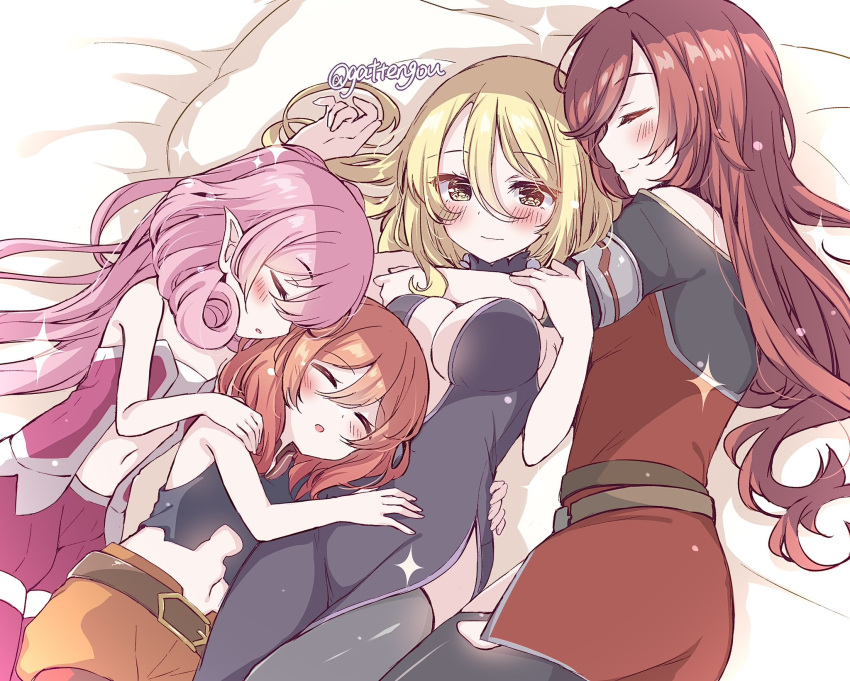 4girls black_dress black_leotard black_shirt black_thighhighs blonde_hair blush breasts christina_(princess_connect!) cleavage_cutout closed_eyes clothing_cutout commentary crop_top curly_hair dress elf embarrassed gattengou group_hug hair_between_eyes hair_down highres hug labyrista_(princess_connect!) large_breasts leotard long_hair looking_at_another lying muimi_(princess_connect!) multiple_girls neneka_(princess_connect!) on_back on_bed on_side orange_hair orange_shorts pink_hair pink_shirt pink_shorts pink_thighhighs pointy_ears princess_connect! puffy_shorts red_dress red_hair shirt short_shorts shorts side_slit sleeping small_breasts strapless strapless_shirt thighhighs torn_clothes torn_shirt twitter_username wavy_mouth yellow_eyes