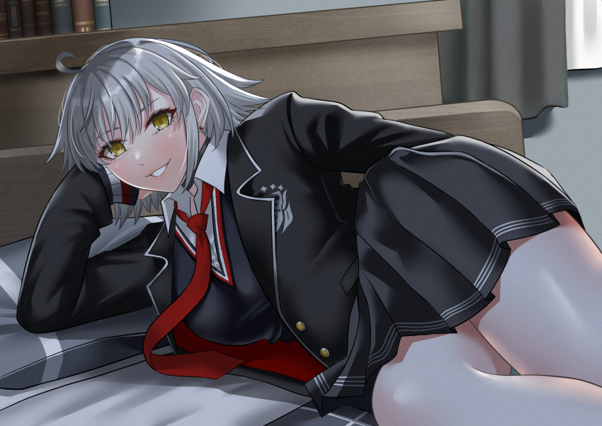 1girl absurdres ahoge blush breasts fate/grand_order fate_(series) grey_hair grin highres indoors jeanne_d'arc_alter_(avenger)_(fate) jeanne_d'arc_alter_(fate) large_breasts long_sleeves looking_at_viewer looking_back lying on_side school_uniform short_hair skirt smile solo tomotomow00w yellow_eyes