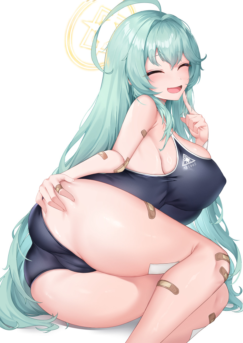 1girl absurdres ahoge aqua_hair ass bandaid bandaid_on_arm bandaid_on_leg bandaids_on_nipples blue_archive blue_one-piece_swimsuit breasts cameltoe closed_eyes deogho_(liujinzy9854) facing_viewer halo highres large_breasts legs long_hair lying on_side one-piece_swimsuit open_mouth pasties school_swimsuit simple_background smile solo swimsuit thighs very_long_hair white_background yellow_halo yume_(blue_archive)