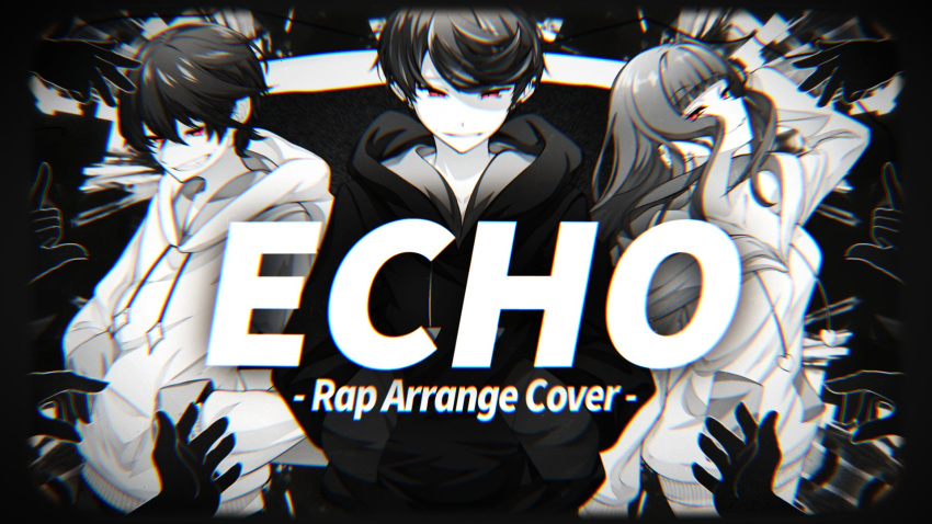 1girl 2boys arm_up bangs black_background black_border blunt_bangs border breasts chromatic_aberration cluseller collarbone commentary_request copyright_request cowboy_shot diamond_(shape) disembodied_limb drawstring ear_clip earrings echo_(vocaloid) english_text eyebrows_visible_through_hair fang greyscale grin half-closed_eyes hands_in_pockets heart highres hood hoodie jewelry long_hair long_sleeves looking_at_viewer medium_breasts monochrome multiple_boys off_shoulder red_eyes same_(utaite) shiny shiny_hair short_hair shuvt_(uitate) slit_pupils smile spot_color standing sweater swept_bangs teeth text_focus triangle utaite_(singer) wowkun_(uitate)