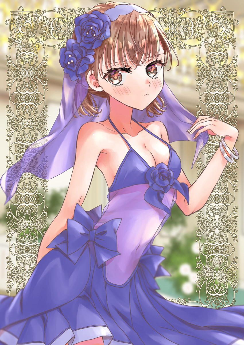 1girl ayuko_(ayuko54bornthisway) blurry blurry_background blush breasts brown_eyes brown_hair cleavage closed_mouth commentary_request covered_navel dress halterneck highres looking_at_viewer medium_breasts misaka_mikoto multiple_bracelets official_alternate_costume purple_dress purple_veil see-through see-through_dress sleeveless sleeveless_dress solo toaru_majutsu_no_index toaru_majutsu_no_index:_new_testament
