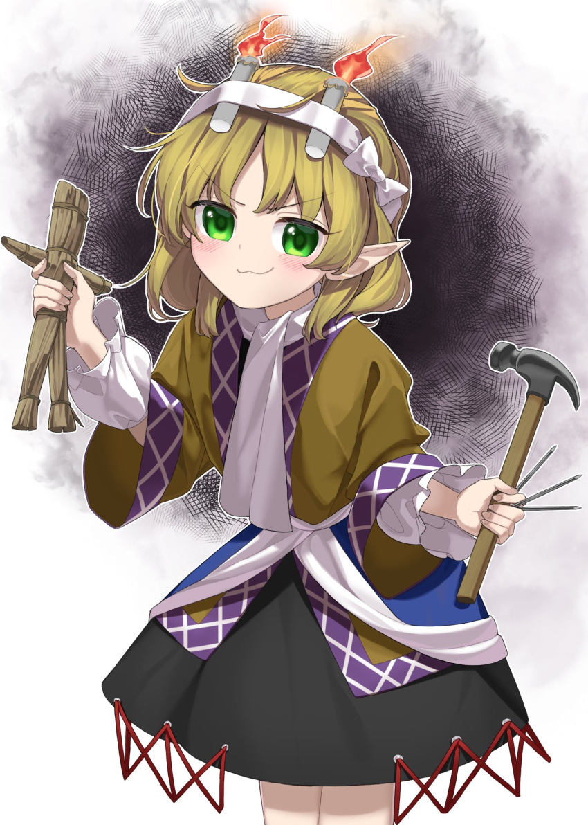 1girl blonde_hair blush brown_shirt candle closed_mouth commentary doll fire green_eyes hammer highres holding holding_doll holding_hammer holding_nail keiki8296 long_hair long_sleeves looking_at_viewer mizuhashi_parsee nail pointy_ears scarf shirt smile solo straw_doll touhou white_scarf