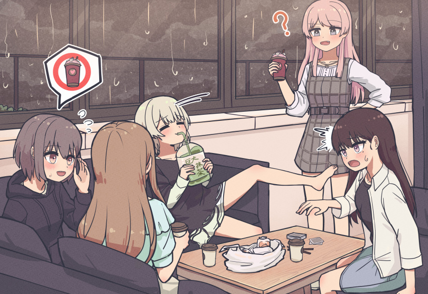 5girls ? band bang_dream! bang_dream!_it's_mygo!!!!! black_hair brown_hair chihaya_anon closed_eyes coffee coffee_cup couch cup disposable_cup drink drinking_straw drinking_straw_in_mouth flying_sweatdrops grey_eyes highres holding holding_cup jacket jin_(jinkwon1147) kaname_raana long_hair mole mole_under_eye multiple_girls mygo!!!!!_(bang_dream!) nagasaki_soyo no_shoes on_couch open_clothes open_jacket pink_hair purple_eyes rain shiina_taki sitting sweat sweatdrop takamatsu_tomori water_drop white_jacket