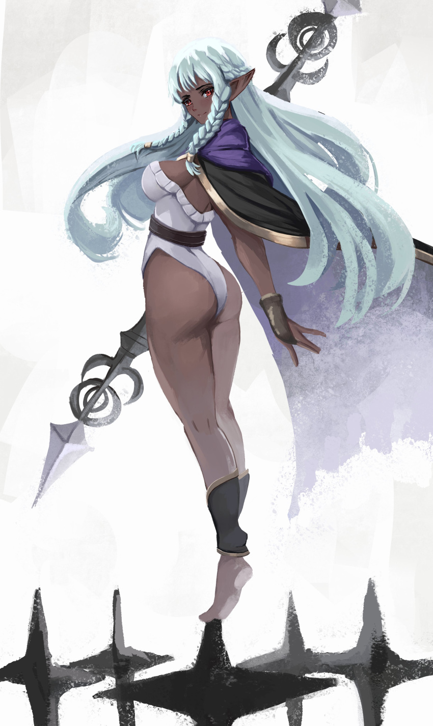 1girl absurdres aqua_hair ass black_cape breasts cape cloak closed_mouth commentary dark-skinned_female dark_skin double-blade gold_trim highres holding holding_polearm holding_weapon large_breasts leotard long_hair pointy_ears polearm purple_cloak red_eyes rosalinde_(unicorn_overlord) simple_background smile solo standing strapless strapless_leotard tiptoes unicorn_overlord weapon white_background white_leotard yan_kodiac