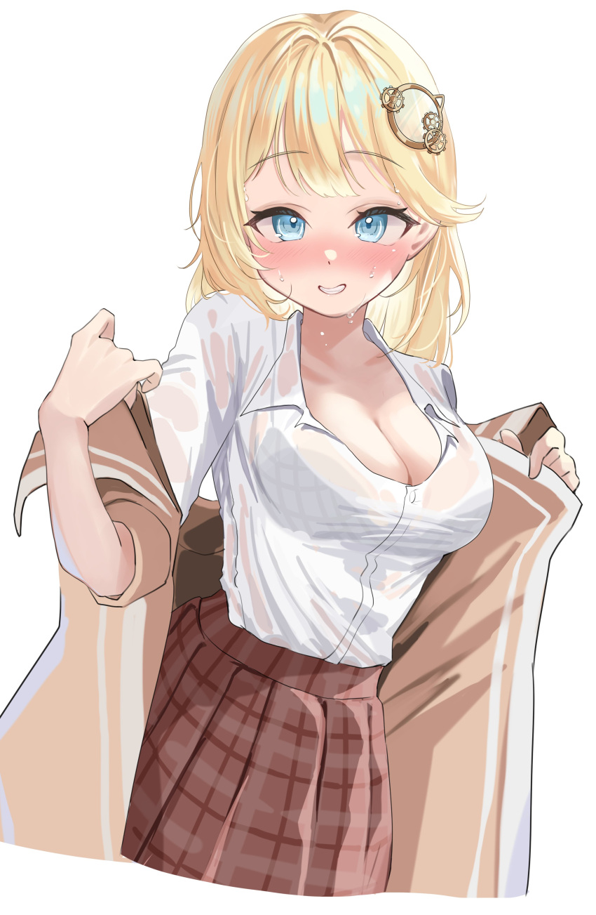 1girl absurdres blonde_hair blue_eyes blush bra bra_visible_through_clothes breasts cleavage collared_shirt dripping english_commentary hair_ornament highres hololive hololive_english hot jacket large_breasts looking_at_viewer medium_hair nervous_smile removing_jacket rimu_(user_akkm3425) see-through see-through_shirt shirt simple_background skirt smile solo sweat sweaty_clothes swept_bangs underwear upper_body virtual_youtuber watson_amelia watson_amelia_(1st_costume) white_background white_shirt