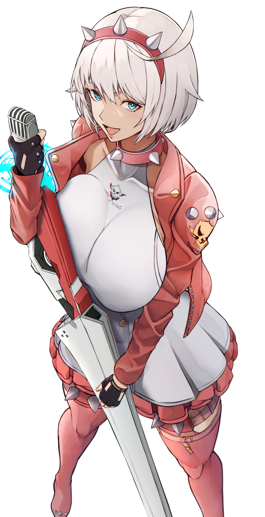 1girl absurdres ahoge blue_eyes boots bracelet breasts collar dress elphelt_valentine frilled_dress frills full_body guilty_gear guilty_gear_strive gun hairband highres holding holding_gun holding_microphone holding_weapon huge_ahoge huge_breasts jacket jewelry long_sleeves looking_at_viewer microphone open_mouth pink_dress pink_footwear pink_hairband pink_jacket short_hair skull_print smile souma_(so_u_maaaaa) spiked_bracelet spiked_collar spiked_hairband spiked_jacket spikes standing thigh_boots two-tone_dress weapon white_dress white_hair