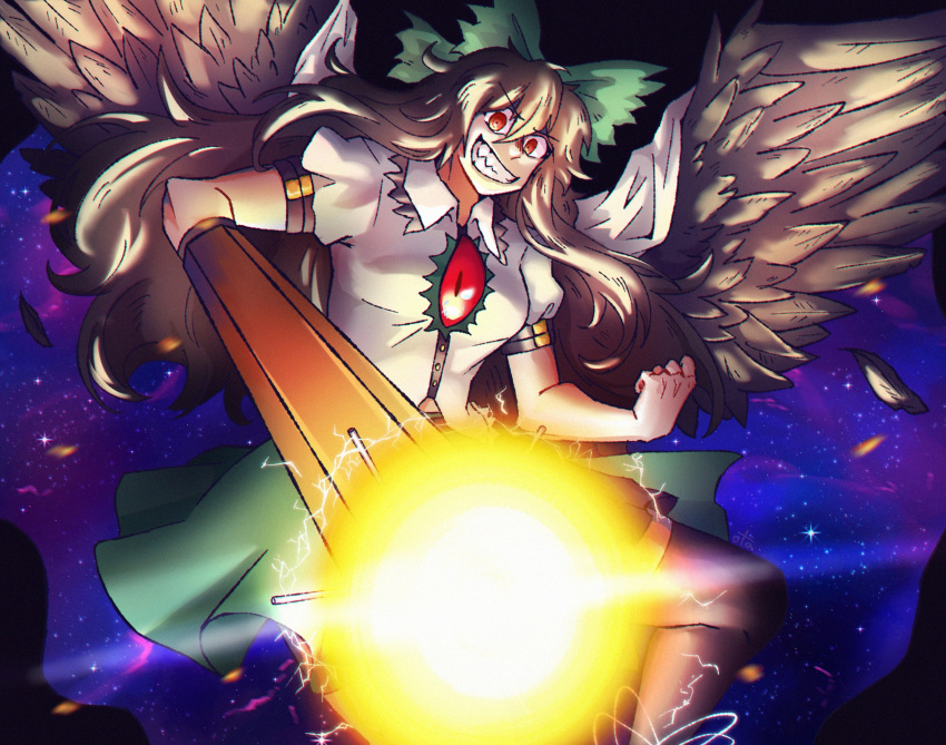 1girl arm_cannon bird_wings black_leggings black_wings bow breasts brown_hair cape commission electricity energy_cannon feathered_wings furrowed_brow green_bow green_skirt hair_bow highres leggings long_hair looking_at_viewer open_mouth otaeriaaoba red_eyes reiuji_utsuho sharp_teeth shirt skirt smile solo star_(sky) teeth touhou universe weapon wings